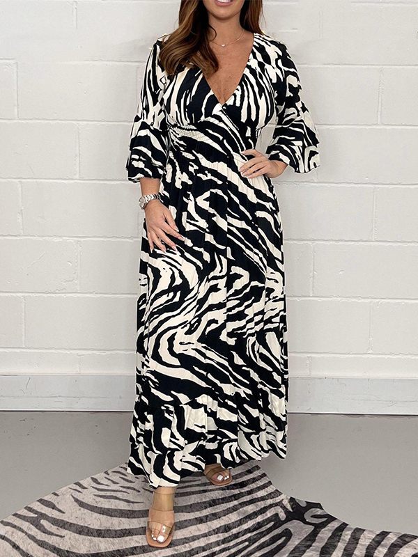 Printed V-Neck Ruffle Dress
