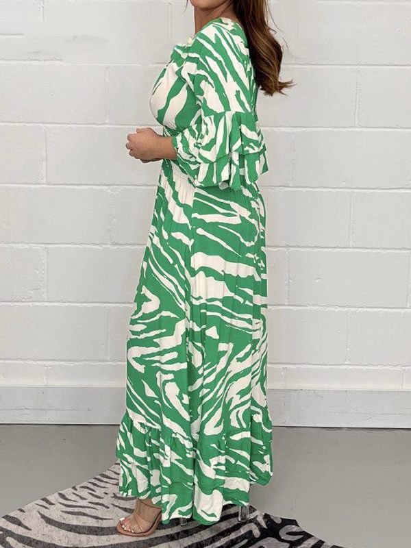 Printed V-Neck Ruffle Dress