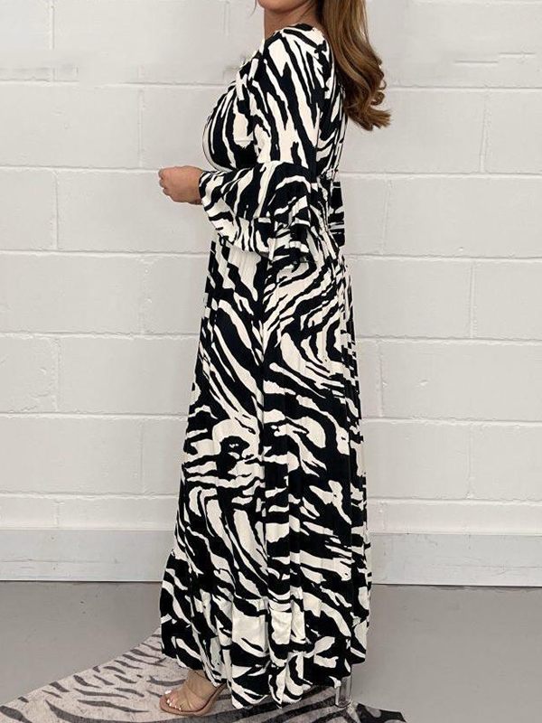 Printed V-Neck Ruffle Dress