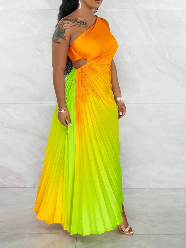Ombre One-Shoulder Pleated Dress