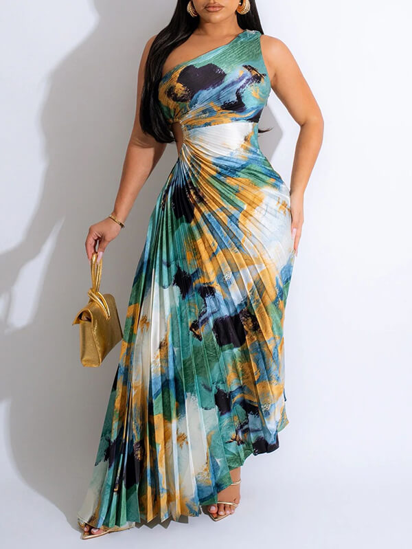 Printed One-Shoulder Pleated Dress