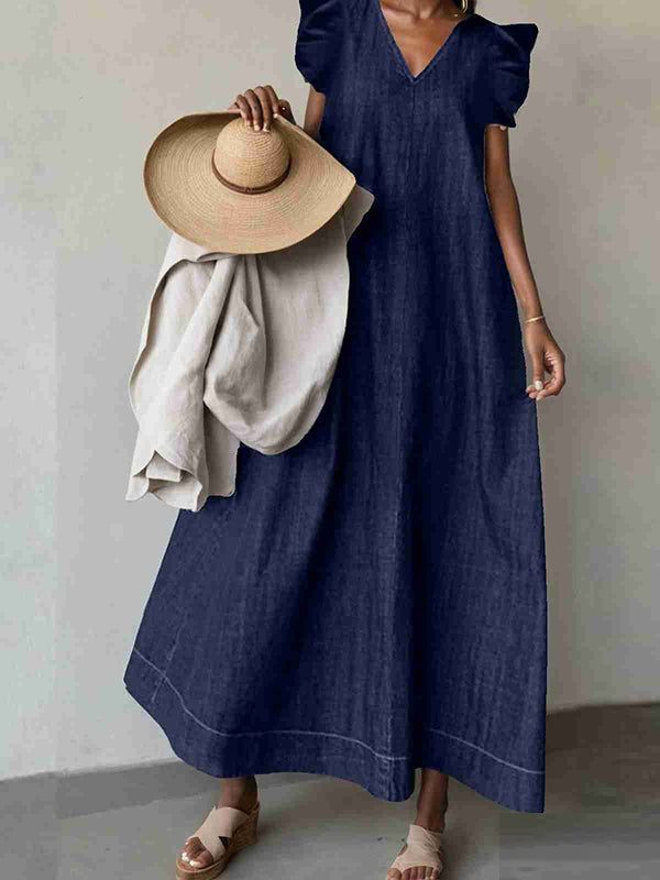 Frilled V-Neck Denim Dress