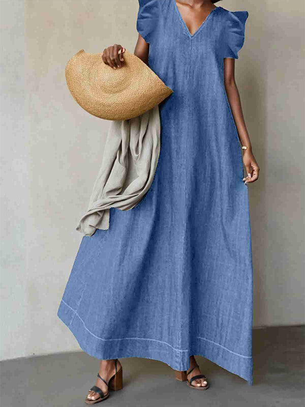 Frilled V-Neck Denim Dress