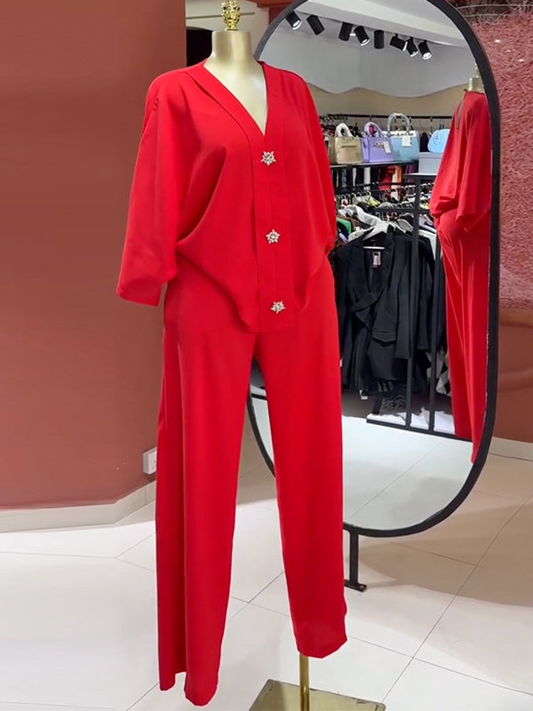 Button V-Neck Top & Pants Set