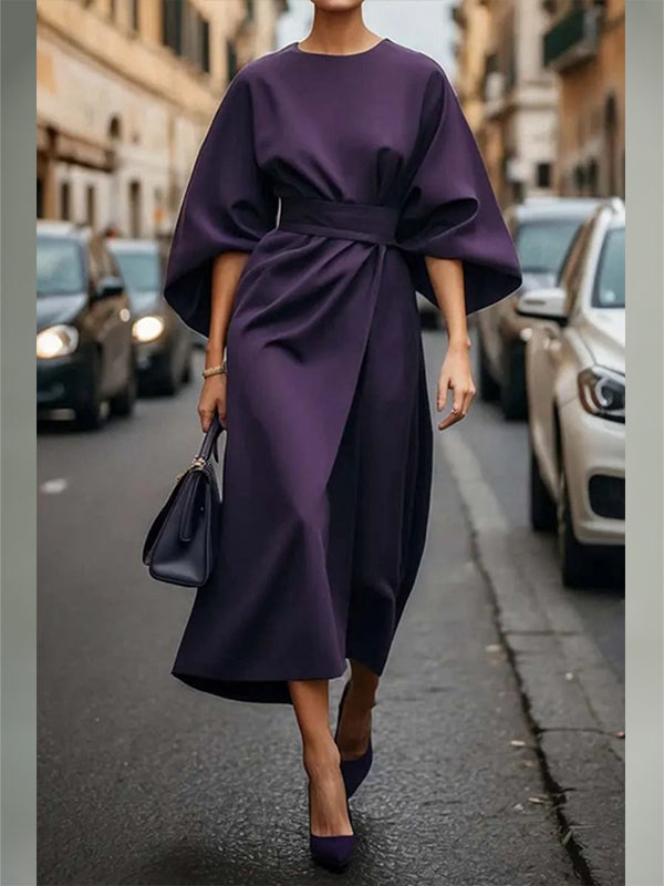 Solid Cinched-Waist Midi Dress