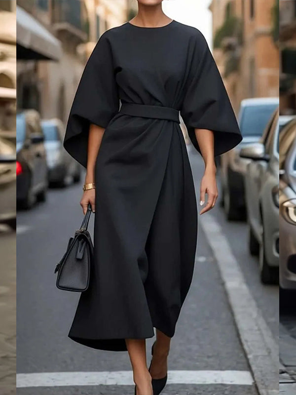 Solid Cinched-Waist Midi Dress