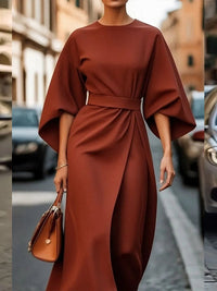 Solid Cinched-Waist Midi Dress