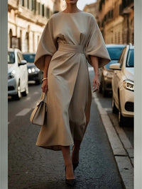 Solid Cinched-Waist Midi Dress
