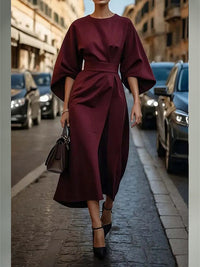 Solid Cinched-Waist Midi Dress