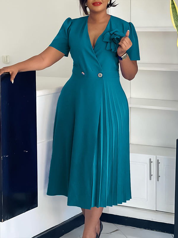 Solid V-Neck Pleated Dress