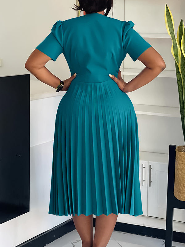 Solid V-Neck Pleated Dress