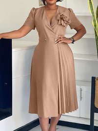 Solid V-Neck Pleated Dress