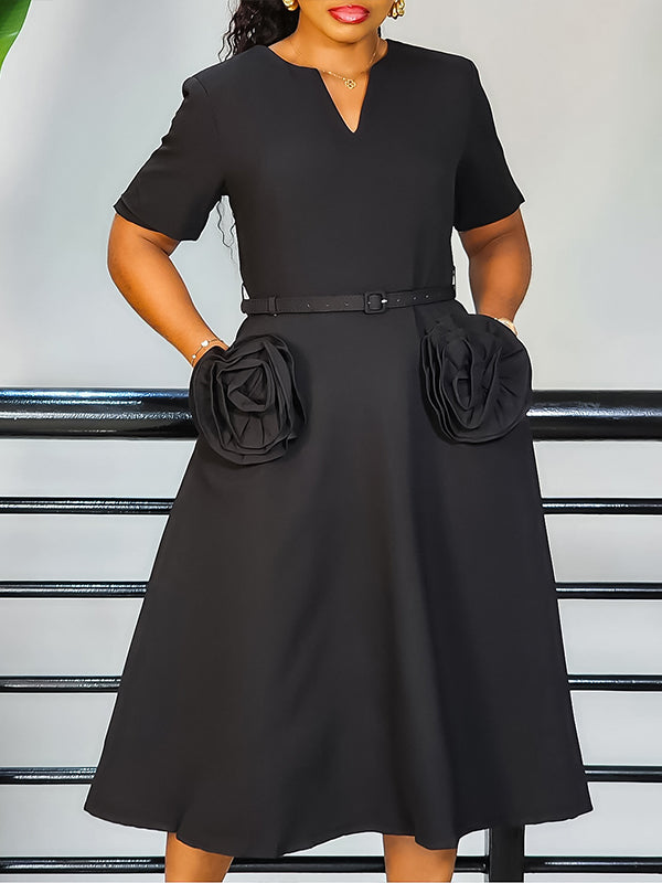 Solid Floral Belted Dress