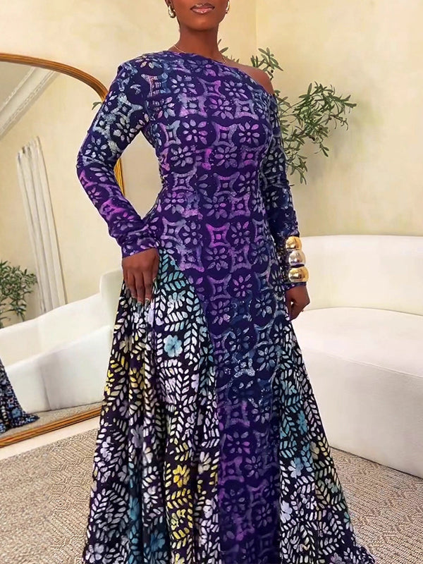 Printed Boat-Neck Maxi Dress