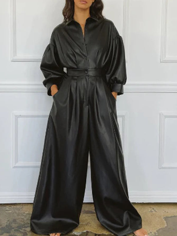 Beautiedoll Faux-Leather Wide-Leg Jumpsuit