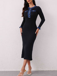 Button-Front Contrast Ribbed Dress
