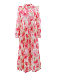 Printed Tied-Neck Pleated Dress