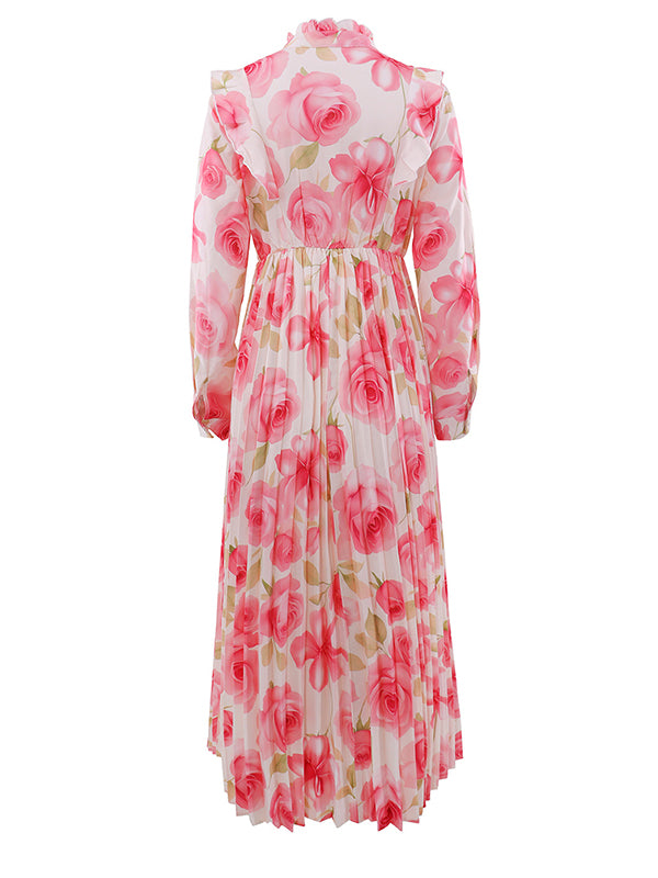 Printed Tied-Neck Pleated Dress