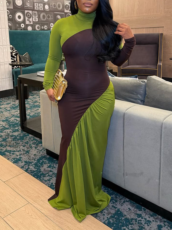 Two-Tone Ruched Maxi Dress