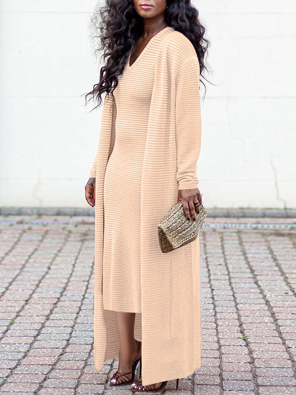 Solid V-Neck Dress & Cardigan Set