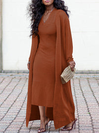 Solid V-Neck Dress & Cardigan Set