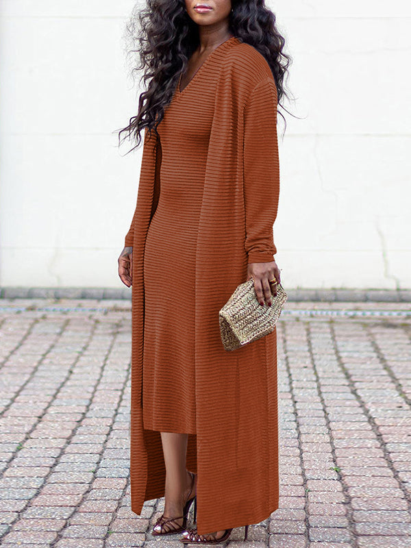 Solid V-Neck Dress & Cardigan Set