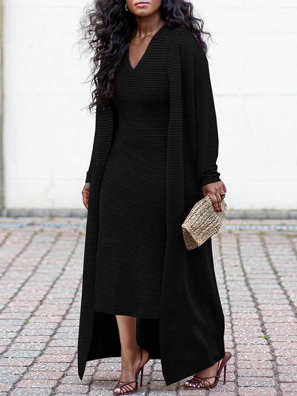 Solid V-Neck Dress & Cardigan Set