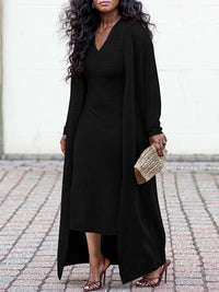 Solid V-Neck Dress & Cardigan Set