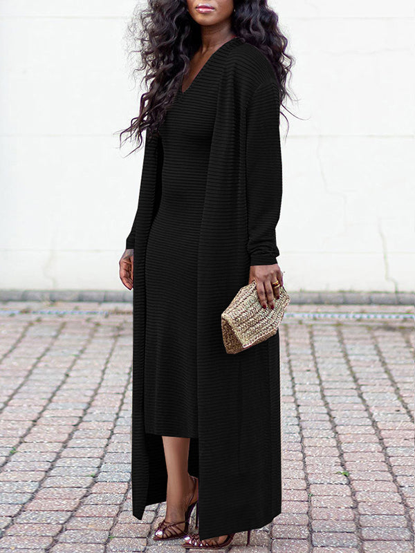 Solid V-Neck Dress & Cardigan Set