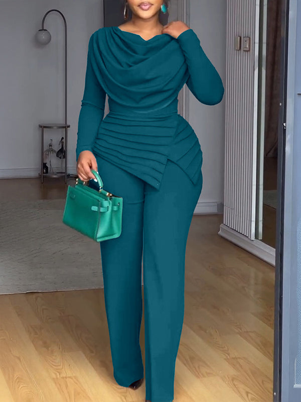 Solid Cowl-Neck Ruched Jumpsuit