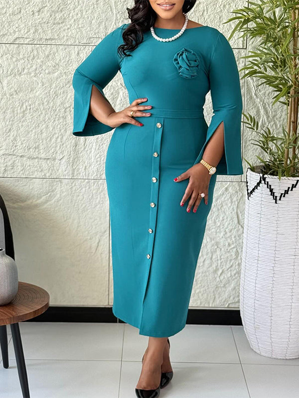 Solid Floral Button Dress