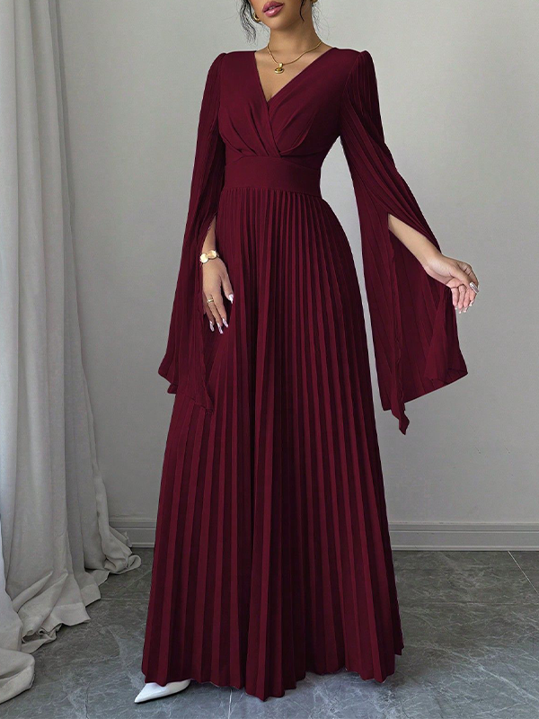 V-Neck Pleated Maxi Dress