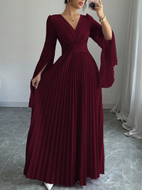V-Neck Pleated Maxi Dress