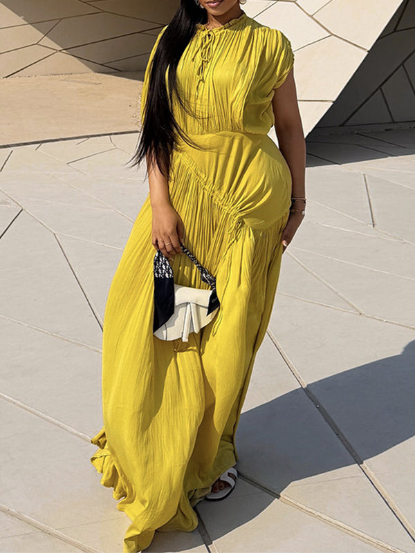 Solid Tied-Neck Ruched Maxi Dress