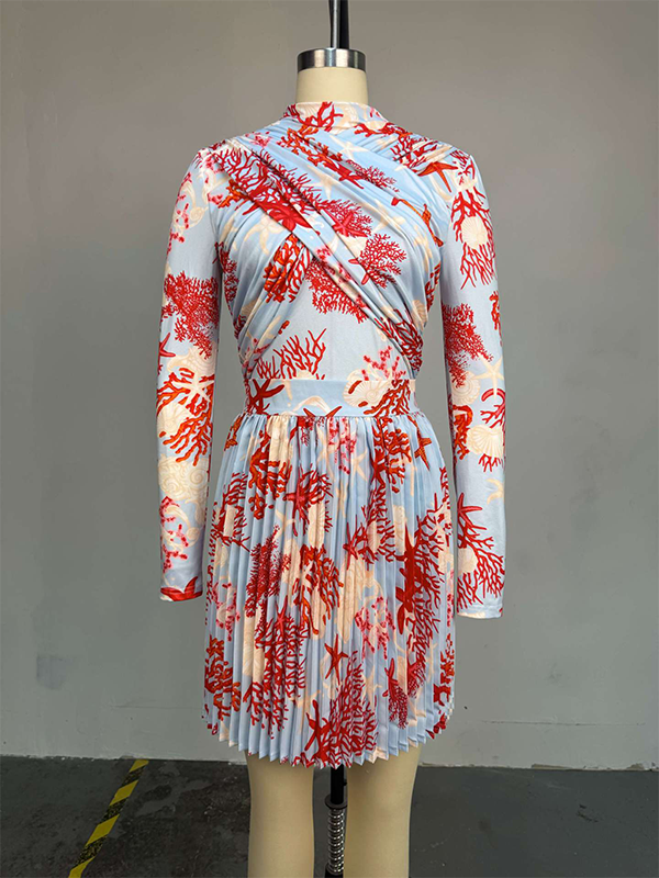 Printed Cross Top & Pleated Skirt Set