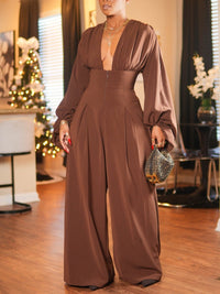 Deep-V Neck Wide-Leg Jumpsuit