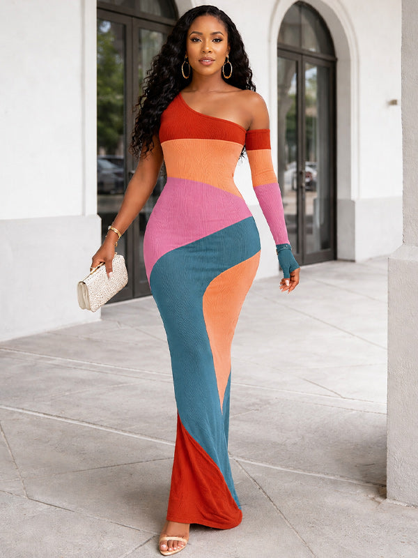 Colorblock Boat-Neck Maxi Dress