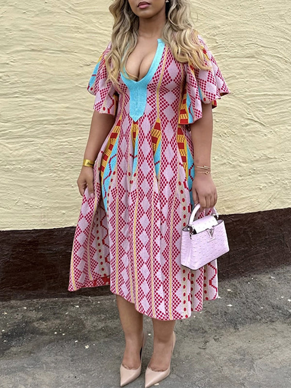 Printed V-Neck Midi Dress