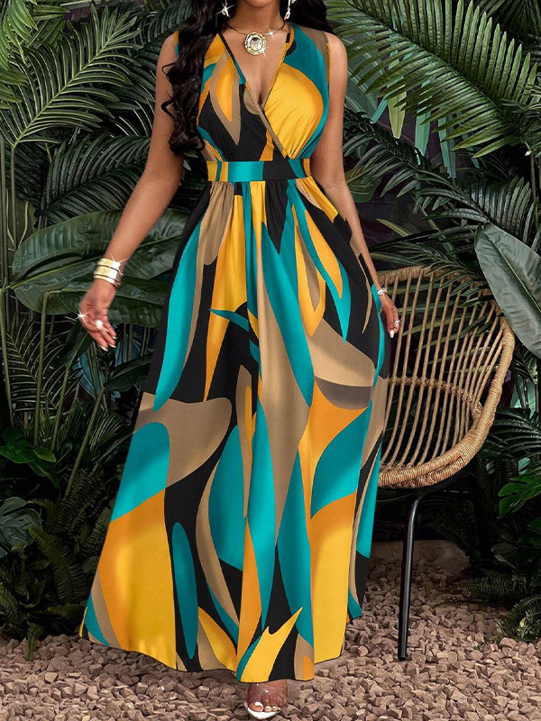 Printed V-Neck Sleeveless Maxi Dress