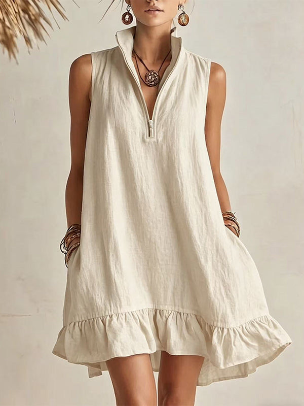 Zip-Front Sleeveless Ruffle Dress
