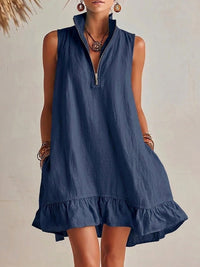 Zip-Front Sleeveless Ruffle Dress