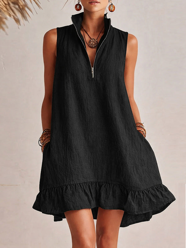 Zip-Front Sleeveless Ruffle Dress