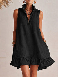 Zip-Front Sleeveless Ruffle Dress
