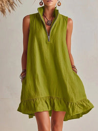 Zip-Front Sleeveless Ruffle Dress