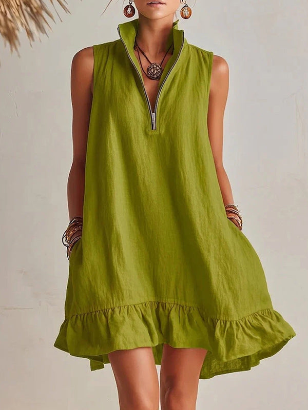 Zip-Front Sleeveless Ruffle Dress