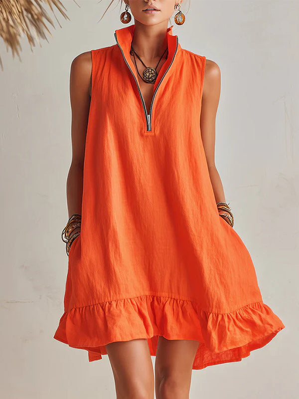 Zip-Front Sleeveless Ruffle Dress