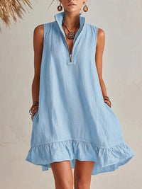 Zip-Front Sleeveless Ruffle Dress