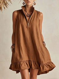 Zip-Front Sleeveless Ruffle Dress