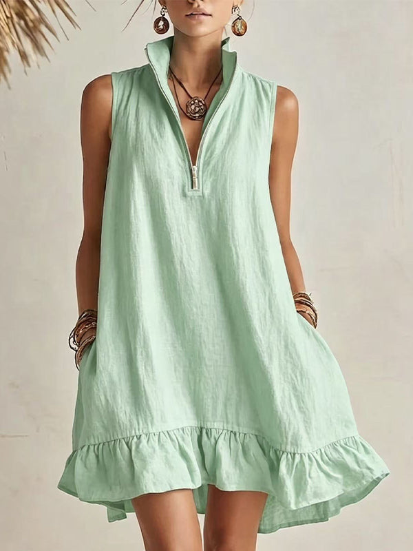 Zip-Front Sleeveless Ruffle Dress