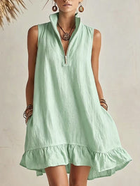 Zip-Front Sleeveless Ruffle Dress